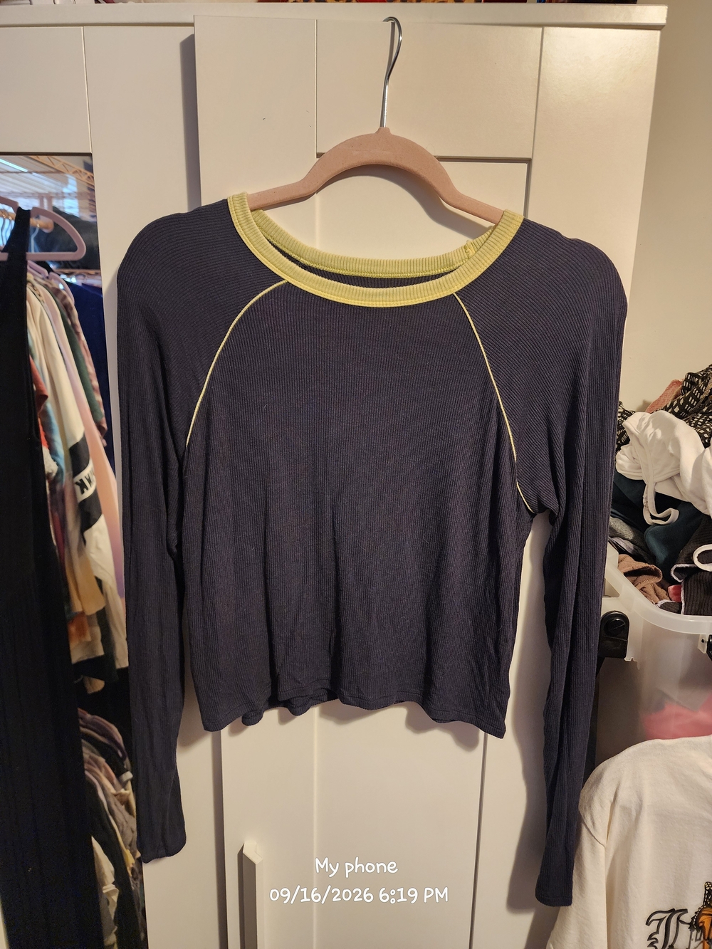American Eagle Outfitters Navy Long-Sleeve Ribbed Top with Yellow Lime Trim